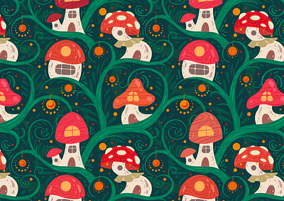 Pattern with cartoon fairy tale mushroom houses autumn cartoon doodle fabric fairy fairytale forest gnome graphic design home house kid magic mushroom nature pattern