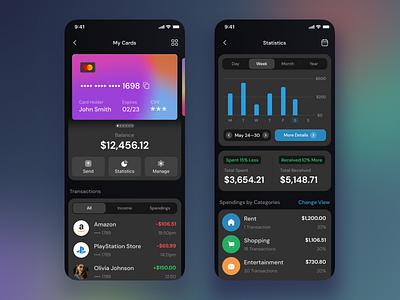 Cards and Statistics in Mobile Banking App bank app bank card bank ui banking app dark theme dark ui graphs histogram mobile app money app money manager statistics