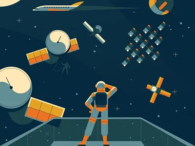 5th Dimension airplane astronaut character characterdesign editorial flat galaxy graphic illustration moon planets satellite space spaceship stars universe vector