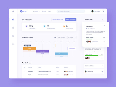 E-Learning Dashboard 🎉 agenda assignment chart clean dashboard e learning education learning simple stats study task ui uiux userinterface web