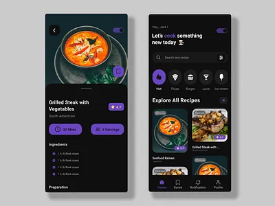 Recipe App Dark Mode app app design clean dark app dark mode dark theme dark ui flat ios app design minimal recipe app recipe app dark mode ui ux