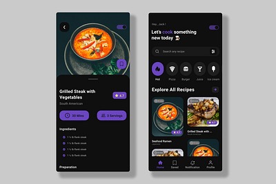 Recipe App Dark Mode app app design clean dark app dark mode dark theme dark ui flat ios app design minimal recipe app recipe app dark mode ui ux