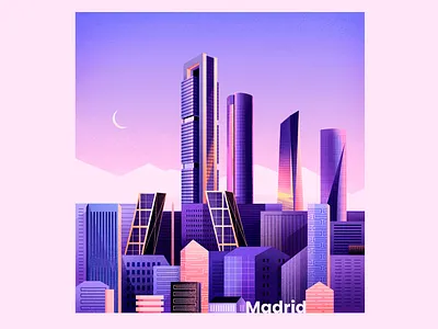 Madrid🌙 architecture art blue city colors concept flat geometry illustration madrid moon mountains pink shapes texture vector