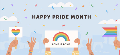 Pride Month banner flat hands illustration lgbt lgbtqia love is love parade poster pride month queer rainbow same sex symbol vector