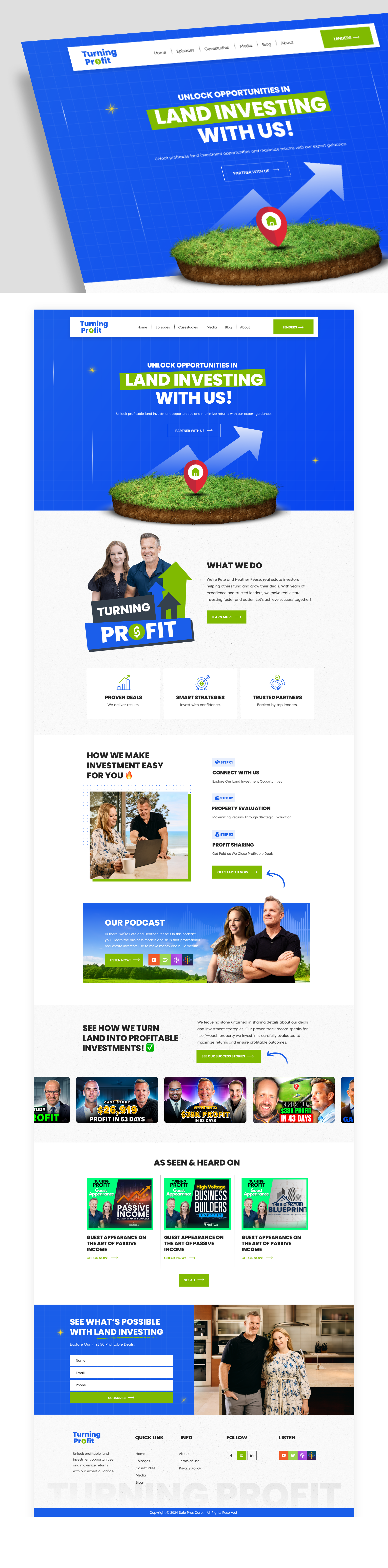 Land investing landing page case studies clean design graphics invest investment land investing landing page lenders modern podcast portfolio profit real estate returns revenue ui uiux web website
