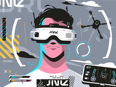 Drones pilot in glasses character drone flat fly illustration kit8 man pilot quadrocopter vector