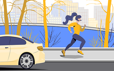 Running girl blue city girl character illustration lake minimalist road running skyscrapers vector yellow