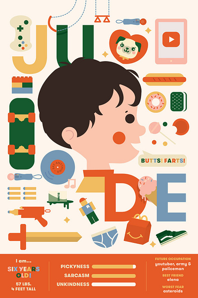 Jude Birthday Poster candy child donut hot dog illustration legos skateboard sucker