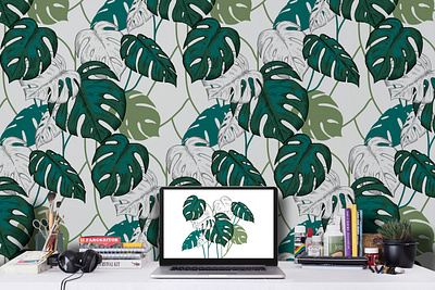 Seamless pattern with tropical leaves. color green illustration leaves liner monstera pattern seamless summer tropical vector wallpaper