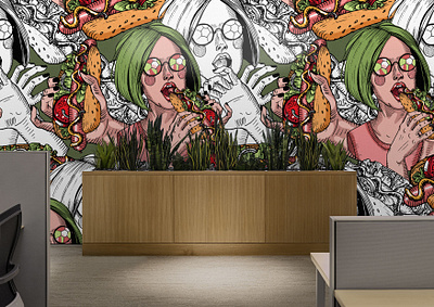 Girl with green hair eats a hot dog color design green illustration liner pattern seamless vector wallpaper wallpapper