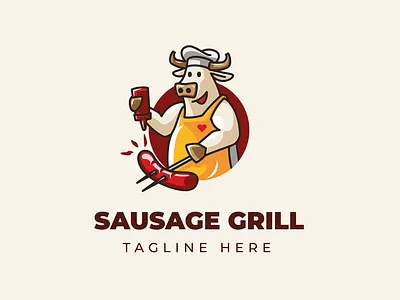 Cow Sausage animal branding cartoon cattle character chef cow design food grill illustration logo mascot sale sauce sausage vector