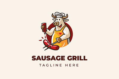 Cow Sausage animal branding cartoon cattle character chef cow design food grill illustration logo mascot sale sauce sausage vector
