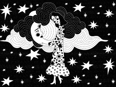 Girl and moon bw bwillustration girl illustration moon moonlight sky