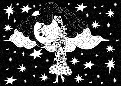 Girl and moon bw bwillustration girl illustration moon moonlight sky
