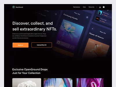 OpenGround - NFT Marketplace Website bitcoin crypto crypto wallet crypto website cryptocurrency dark dark mode dark theme digital art etherium finance landing page marketplace nft nft art nft website trading ui wallet web