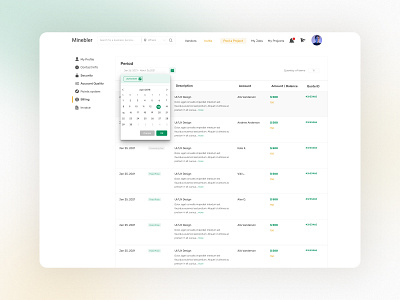 Invoice page calendar ui design setting table ui ux web