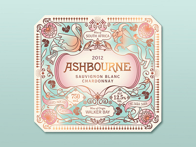 Ashbourne Wine Label art nouveau belle epoque chardonnay design goat gradients packaging pelican sauvignon blanc white wine