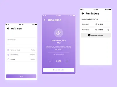 Create a habit - Habits app add new app colors create design dollar drink ios mobile mobile app pay redesign reminders today ui