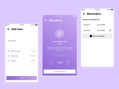 Create a habit - Habits app add new app colors create design dollar drink ios mobile mobile app pay redesign reminders today ui