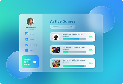 Glassmorphic Games Dashboard branding design glassmorphism ui ux