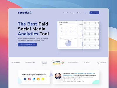 Web Design (Front Page) | deepdivr analytics analytics dashboard b2b b2b website clean dashboard widgets modern monochromatic paid social media simple social media social media analytics web web design website website design widgets