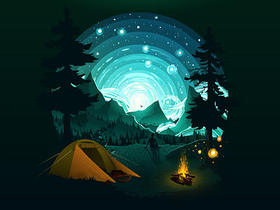 Ursa Major big dipper bonfire constellation fire forest illustration landscape mountain nature night proart prokopenko stars tent tourism tourist travel traveling trip ursa major