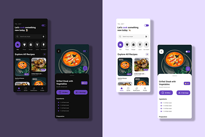 Recipe App app clean dark dark ui flat icon light light mode minimal recipe recipe app ui ux