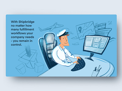 Businessman - captain blog posts blue businessman captain clean style destination fulfilment international shipping map online sales online shop plain ship shipbridge stylish illustration vibrant colors workflow workflows