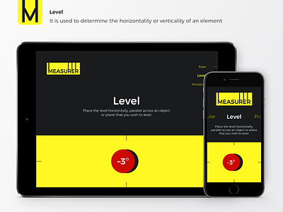 Measurer - App for iPad and iPhone dark dark app dark ui design ios ipad iphone level measure measurement measuring mobile app protractor ruler ui ui design yellow logo