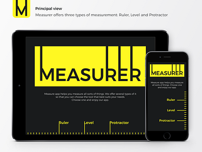 Measurer - App for iPad and iPhone app dark dark app dark ui ios ios app ipad iphone measure measurement measurements measuring mobile app mobile ui ruler ui ui design ui ipad ui mobile yellow logo