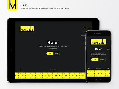 Measurer - App for iPad and iPhone dark dark app dark theme dark ui design ios ios app ipad iphone level measure measurement measurements measurer protractor ruler ui ui design yellow logo