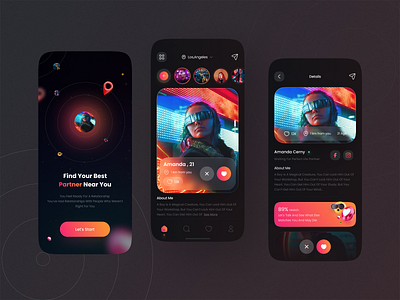 Dating App Concept 🌈 3d art 3d modeling appui blur chatlive chatting colorful dark ui darktheme dating app details hookup live chat orange redesign socialmedia tranding ui uiux