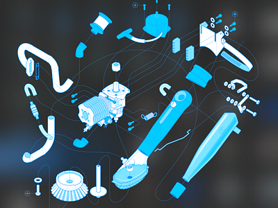 Scrub brush. Exploded view. adobe illustrator blueprint engine exploded view fake3d invention isometric design isometric illustration line art motor motortool technical drawing technical illustration vector illustration