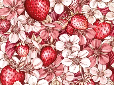 Strawberry Pattern Illustration botanical botanical illustration branding design drawing floral illustration packaging pattern surface design