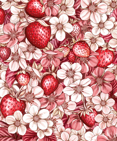 Strawberry Pattern Illustration botanical botanical illustration branding design drawing floral illustration packaging pattern surface design