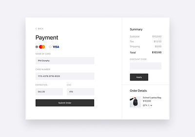 Checkout Page checkout creditcard daily challange dailyui discount eccomerce form mastercard minimal order payment promotion visa