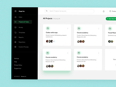 Huge Survey®: All Projects Page card design create project dashboard ui minimal ui survey app