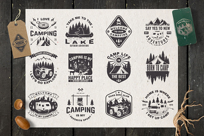 Adventure Quotes adventure badge camp campfire camping canoe logo mountain outdoor tent vector