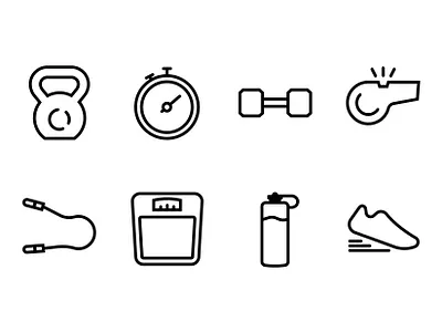 Gym Icons barbell design gym icon icons illustration jump rope kettlebell stopwatch tennis shoes vector water bottle weight scale whistle