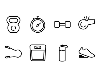 Gym Icons barbell design gym icon icons illustration jump rope kettlebell stopwatch tennis shoes vector water bottle weight scale whistle