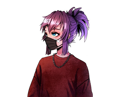 Mask anime chain drawing flat girl girl character illustration manga procreate purple hair streetwear