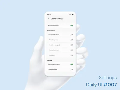 Daily UI 007 - Settings 007 3d mockup app app mobile challenge daily challenge dailyui design challenge design ui game hand mockup mobile on off phone phone mockup product design settings settings ui switch
