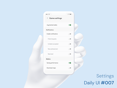 Daily UI 007 - Settings 007 3d mockup app app mobile challenge daily challenge dailyui design challenge design ui game hand mockup mobile on off phone phone mockup product design settings settings ui switch