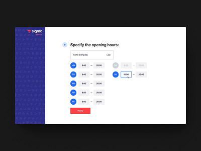 Specify hours step animation business days desktop design form design hours onboarding ui opening scheduler settings steps time selector timer web week