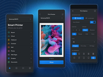 Smart Printer after effect animation app curves dark theme design figma glassmorphism gradient icon ios iphonex mobile neomorphism smart technology ui ux video