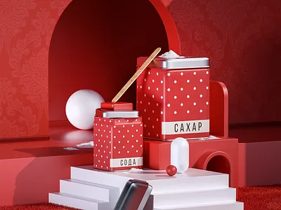 Back in USSR. Classic Russian tins for bulk products 3dcomposition design illustraion octane red salt tinsel ussr