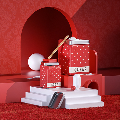 Back in USSR. Classic Russian tins for bulk products 3dcomposition design illustraion octane red salt tinsel ussr