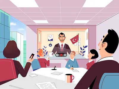 Conference Call boss business call colleagues conference illustration job meeting office open space people skype skyscraper staff turkey vector video workers zoom