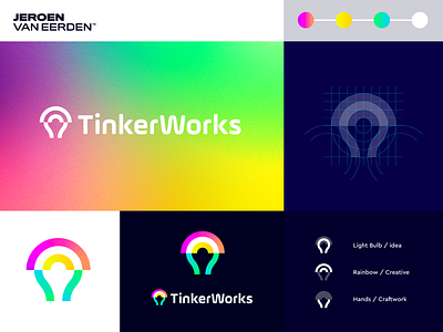 Tinkerworks - Logo Design 💡🌈 a b c d e f g h i j k l m n ai learning branding creative team gradient hands hardware identity design light bulb lightbulb logo logo grid machine learning o p q r s t u v w x y z software t h e q u i c k b r o w n f o x tink unicorn works