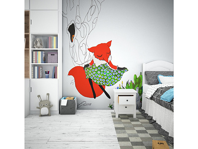 Fox illustration for a kid's room character design emotional for kids fox fox illustration illustration illustration art interior lineart mascot design mural wall watercolour painting